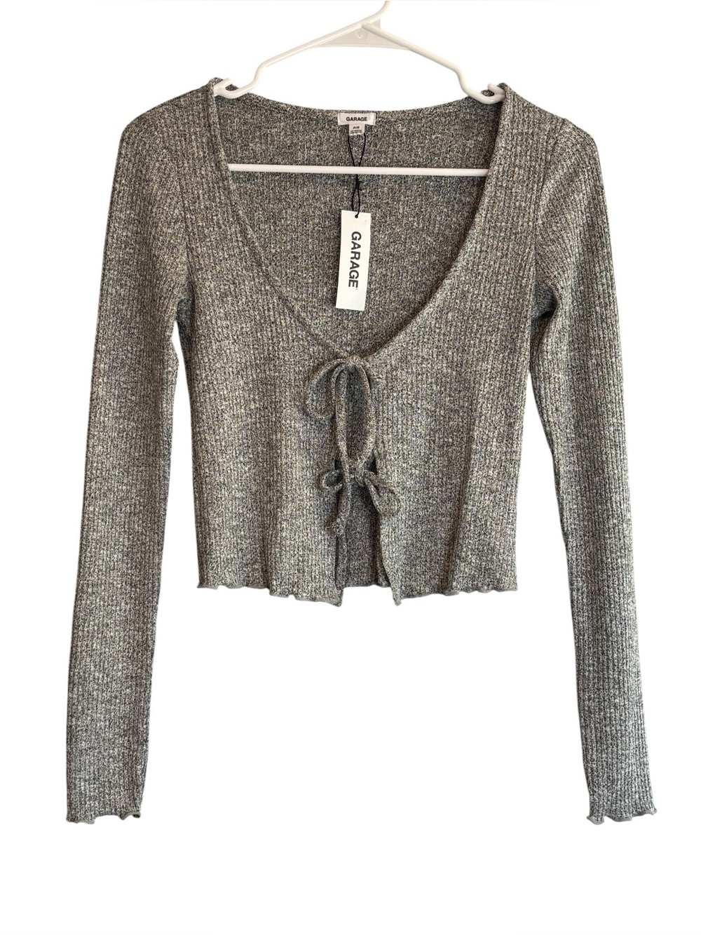 NEW! Garage Cut & Sew Tie Front Knit Long Sleeve Crop Top Gray Size Small